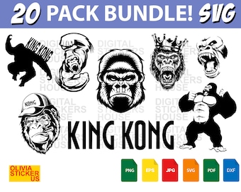 May include: A digital download bundle of 20 King Kong SVG files. The bundle includes various black and white illustrations of King Kong in different poses, including a classic King Kong with a crown, a King Kong with a cigar, and a King Kong with a raised fist. The bundle also includes the text "King Kong" in a bold, black font.