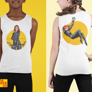 May include: White sleeveless shirt with a black and red superhero character printed on the front and back. The character is holding a bow and arrow. The shirt is on a yellow background.