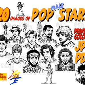 20 kleurplaten van POP-zangersterren, kleurplatenbundel, kunst met muziekthema voor kinderen en tieners, afdrukbaar. Pdf en jpg