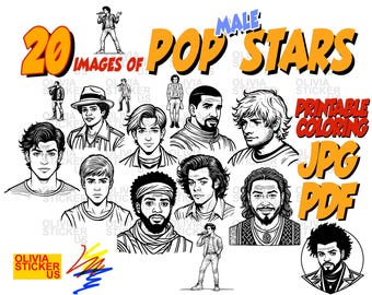 20 Coloring Pages of POP male Singer Stars, Coloring Pages Bundle, Music-Themed Art for Kids & Teens, Printable. PDF and JPG