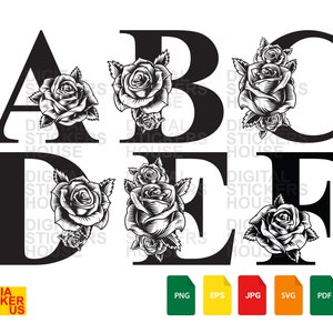May include: Black and white digital clipart of the letters A, B, C, D, E, and F with a rose design. The letters are in a vintage style font. The roses are stylized and have a detailed design.