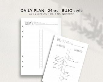 May include: Two different layouts for a daily planner in A5 size. The first layout is a simple hourly grid with 24 hours marked. The second layout is a more detailed hourly grid with 12 hour increments. Both layouts have the word "TODAY" at the top.