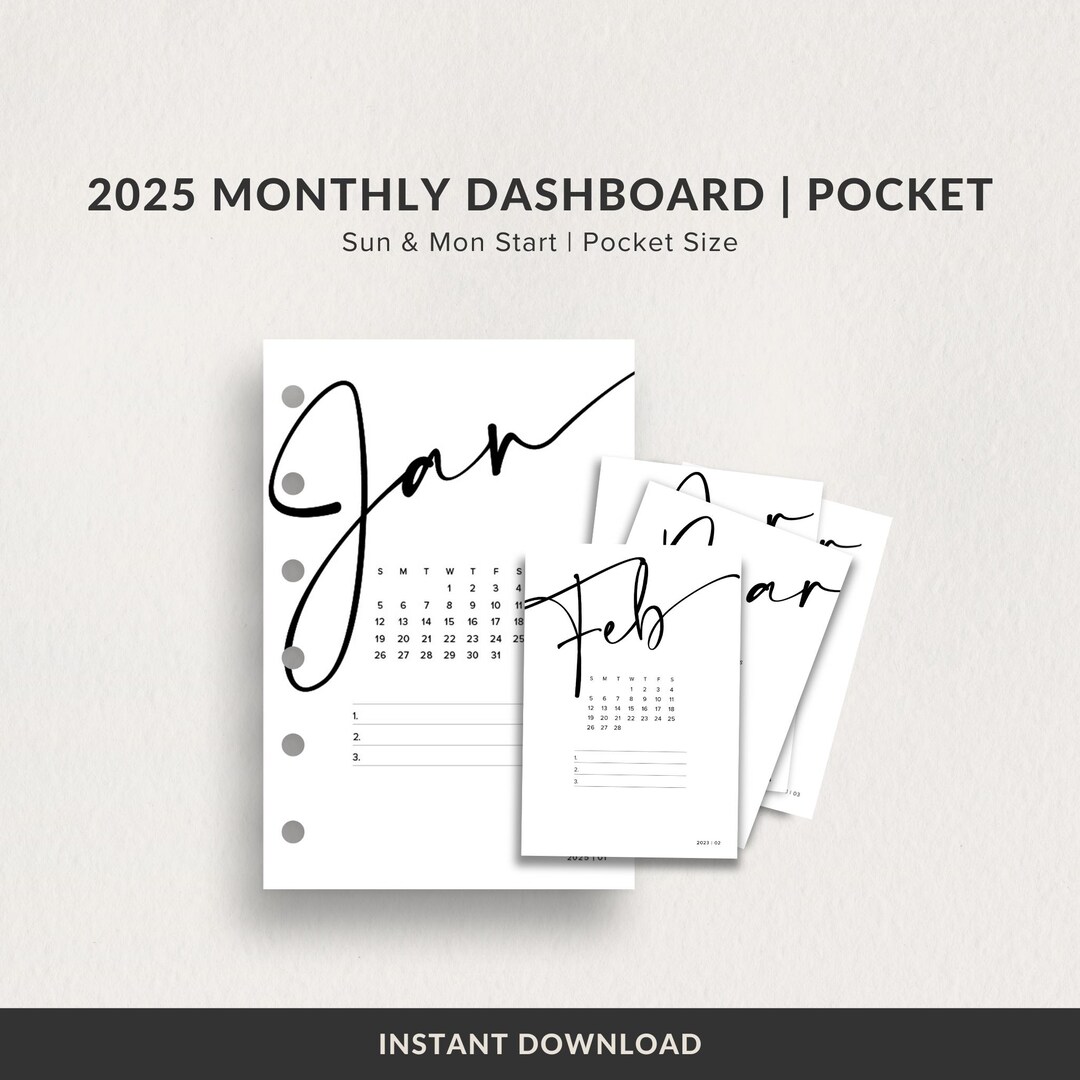 2025 Monthly Dashboard, Printable Pocket Size Planner Inserts, PDF ...