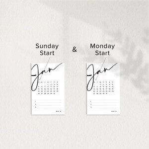 May include: Two printable January calendar designs, one with a Sunday start and one with a Monday start. Both calendars feature a handwritten "Jan" in black script.