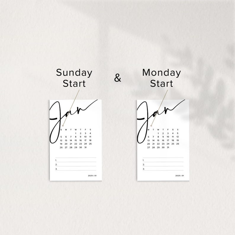 May include: Two printable January calendar designs, one with a Sunday start and one with a Monday start. Both calendars feature a handwritten "Jan" in black script.