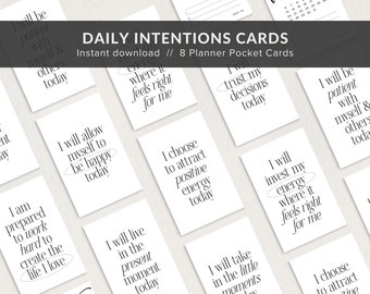 May include: Eight printable cards with positive affirmations for daily intentions. The cards feature black text on a white background and include phrases like "I will allow myself to be happy today" and "I will invest my energy where it feels right for me".