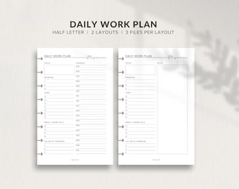 May include: A printable daily work plan template with two layouts. The template is designed for half letter size paper and includes sections for focus, priorities, tasks, emails/phone calls, and follow-up items. The template also includes a notes section and a date section.