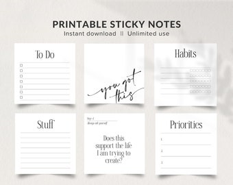 May include: Printable sticky notes with a black and white design. The notes include headings such as "To Do", "Stuff", "Habits", "Priorities", and "You got this".