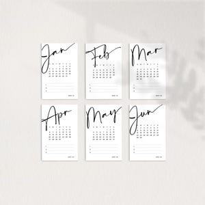 May include: A set of six printable calendar cards for the months of January through June. Each card features a simple black and white design with the month's name written in a handwritten font.