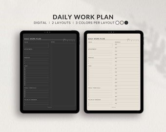 May include: Two digital daily work plan layouts. The first layout is black with white text and includes sections for focus, appointments, priorities, tasks, emails/phone calls, and follow up tomorrow. The second layout is beige with black text and includes sections for focus, schedule, appointments, priorities, tasks, emails/phone calls, and follow up tomorrow.