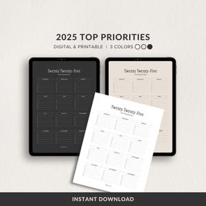 Può includere: Un planner di calendario stampabile 2025 con uno schema di colori nero, bianco e beige. Il planner è intitolato "Twenty Twenty-Five" e include una sezione per le "Priorità principali" per ogni mese dell'anno.