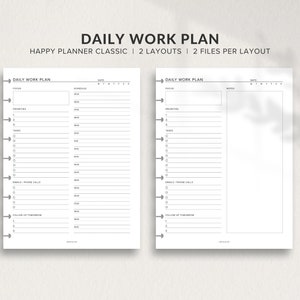 Pode incluir: Um planejador de trabalho diário preto e branco imprimível para Happy Planner Classic. O planejador tem dois layouts com dois arquivos por layout. O planejador inclui seções para foco, prioridades, tarefas, e-mails/chamadas telefônicas e acompanhamento.