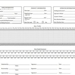 May include: A black and white form with headings for Bore Information, Product Information, and Operator Information. The form includes fields for date, location, city, state, pipe type, size, weak link type, reamer type, bore gel used, drilling contractor, operator's name, locator's name, bore machine maker, and bore machine size. The form also includes a grid for a bore profile and a summary of bore depth.