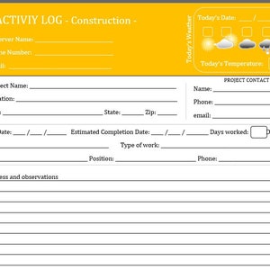Typable Printable Daily Activity Log for Construction
