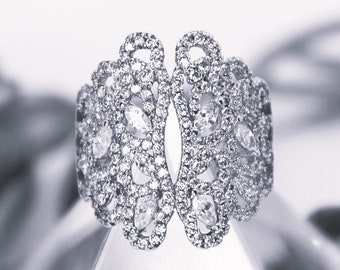 Diamond Rhodium Plated Sterling Silver Cubic Zirconia Rhinestone (CZ) Wide Statement Ring