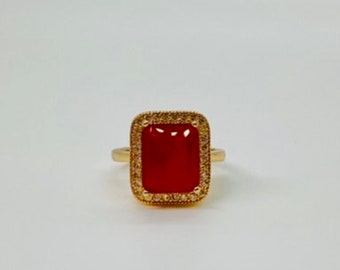 Vintage Emerald Cut Ring, Ruby Gemstone with Rhinestones Frame Gold Plated Ring, Red Stone Ring
