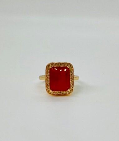 Vintage Emerald Cut Ring, Ruby Gemstone With Rhinestones Frame Gold ...