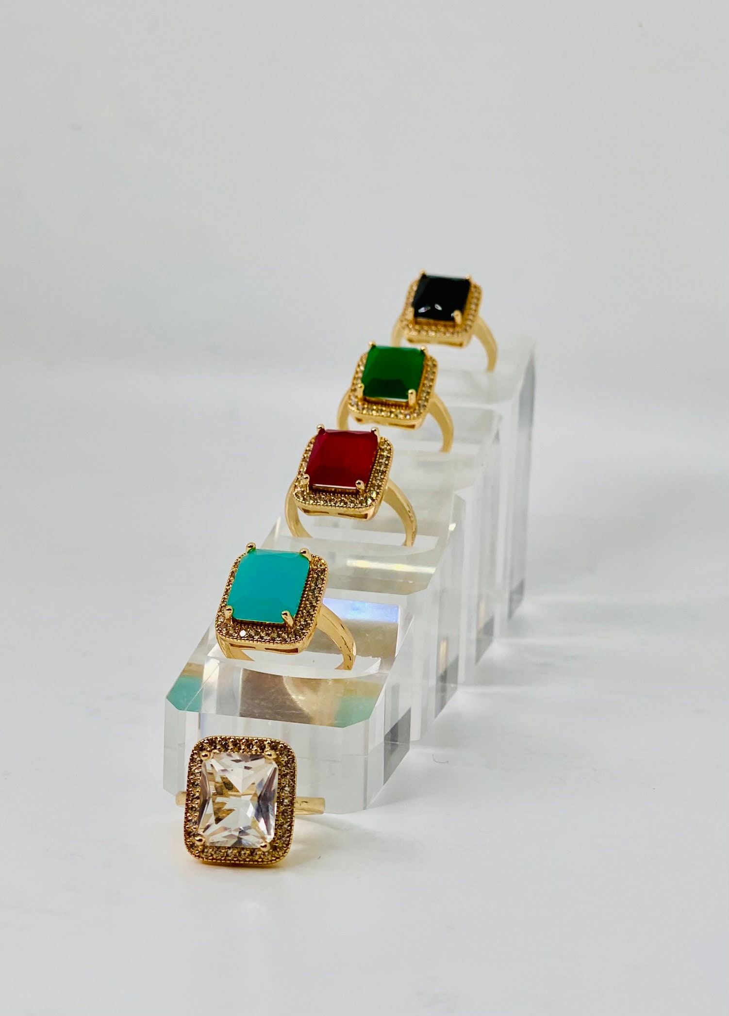 Vintage Emerald Cut Ring, Ruby Gemstone With Rhinestones Frame Gold ...