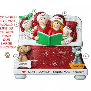 Personalized Bed Family of 4 Christmas Ornament with 2 Dogs - Personalized Family 4 Ornament with 2 Pets - Add 2 Cats or Bunnies