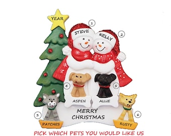 Personalized Snowman Couple Christmas Ornament with 4 Dogs/Cats-Snowman Couple Ornament with 4 Custom Dogs/Cats Added-Couple with 4 Pets