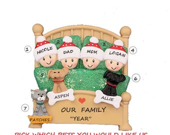 Personalized Family 4 Snuggled in Bed With 3 Dogs or Cats Added ...