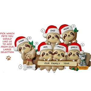 Sloth Family of 6 Personalized Ornament with 2 Custom Dogs, Cats or Bunnies Added - Family 6 with Dogs- Couple Ornament with 2 Custom Pets