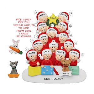 Family or Group of 14 Personalized Ornament with Custom Dog, Cat or Bunny Added -  14 People Ornament with Dog, Cat or Bunny Added