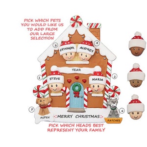 Family of 4 with 2 Pets Gingerbread House Christmas Ornament - Family of four with two Dogs, Cats, Birds, Bunnies, Lizards, Hamsters