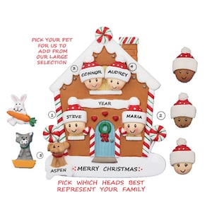 Family of 4 with Pet Gingerbread House Ornament - Family of Four with 1 Dog or Cat in New Home Personalized Christmas Ornament
