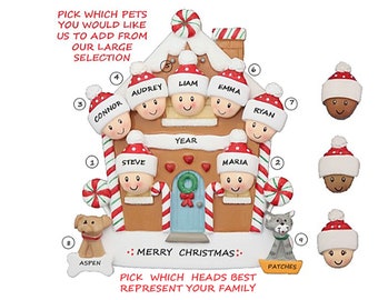 Family of 7 with 2 Pets Gingerbread House Christmas Ornament - Family of seven with two Dogs, Cats, Birds, Bunnies, Lizards, Hamsters