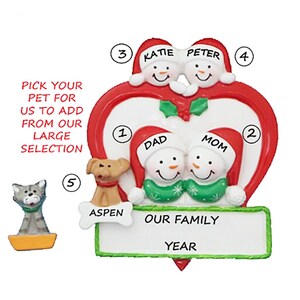 Cute Family of 4 With Pet Personalized Ornament Merry Christmas With Custom Add On Dog, Cat, Bunny, Lizard, Hamster or Bird Added