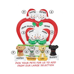 Cute Family of 4 With 4 Pets Personalized Ornament Merry Christmas With Custom Add On Dog, Cat, Bunny, Lizard, Hamster or Bird Added