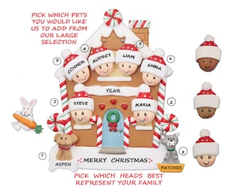 Family of 6 with 2 Pets Gingerbread House Christmas Ornament - Family of six with two Dogs, Cats, Birds, Bunnies, Lizards, Hamsters