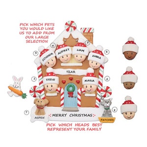 Family of 6 with 2 Pets Gingerbread House Christmas Ornament - Family of six with two Dogs, Cats, Birds, Bunnies, Lizards, Hamsters