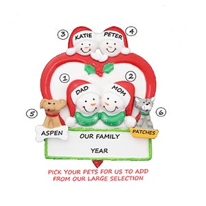 Cute Family of 4 With 2 Pets Personalized Ornament Merry Christmas With Custom Add On Dog, Cat, Bunny, Lizard, Hamster or Bird Added