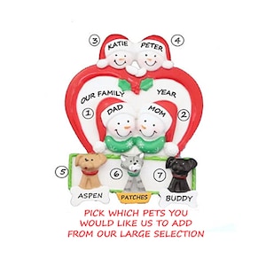 Cute Family of 4 With 3 Pets Personalized Ornament Merry Christmas With Custom Add On Dog, Cat, Bunny, Lizard, Hamster or Bird Added