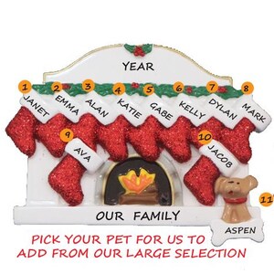 Personalized Family of 10 Christmas Fireplace Ornament with Custom Dog, Cat, Bunny, Hamster, Lizard, or Bird Added