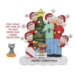 Family of 6 Personalized Ornament with Custom Dog, Cat or Bunny Added -Family of Six Personalized Ornament with Custom Pet Added