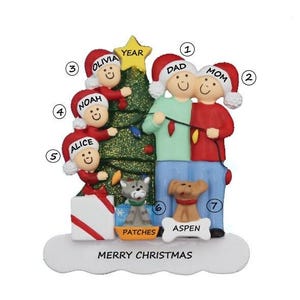 Family of 5 Personalized Christmas Ornament with 2 Dogs, Cats or Pets Added-Family of Five Personalized Ornament with 2 Custom Pets