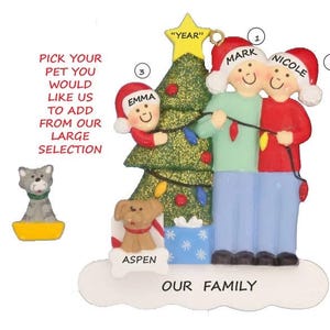 Family of 3 Personalized Ornament with Custom Dog or Cat Added Decorating Tree - Family of Three Personalized Ornament with Dog or Cat Added