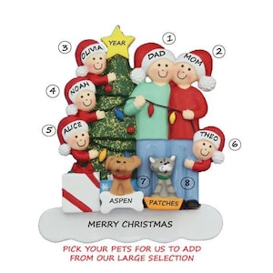 Family of 6 Personalized Ornament with 2 Custom Dogs-Cats or Bunnies Added-Family of Six Personalized Ornament with two Custom Pets Added