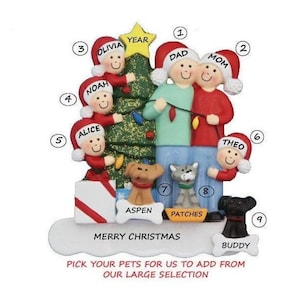 Family of 6 Personalized Ornament with 3 Custom Dogs, Cats or Bunnies Added-Family of Six Personalized Ornament with three Custom Pets Added