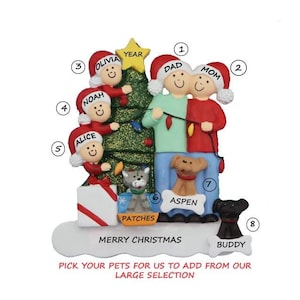 Family of 5 Personalized Ornament with 3 Dogs, Cats or Bunnies Added -Family of Five Personalized Ornament with 3 Custom Pets Added