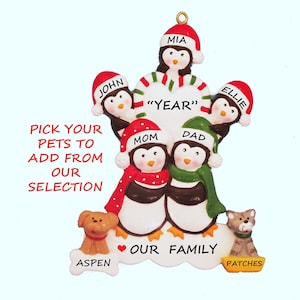 Personalized Penguin Family of 5 Ornament with 2 Dogs or Cats Added - Personalized Family of 5 Ornament with 2 Pets  Dogs or Cats Added