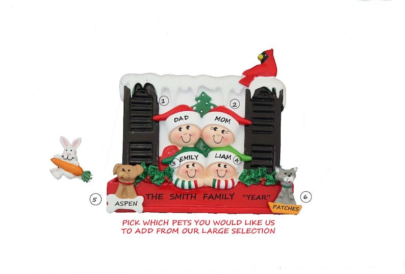 Personalized Family of 4 in Window Ornament With 2 Dogs or Cats Added ...