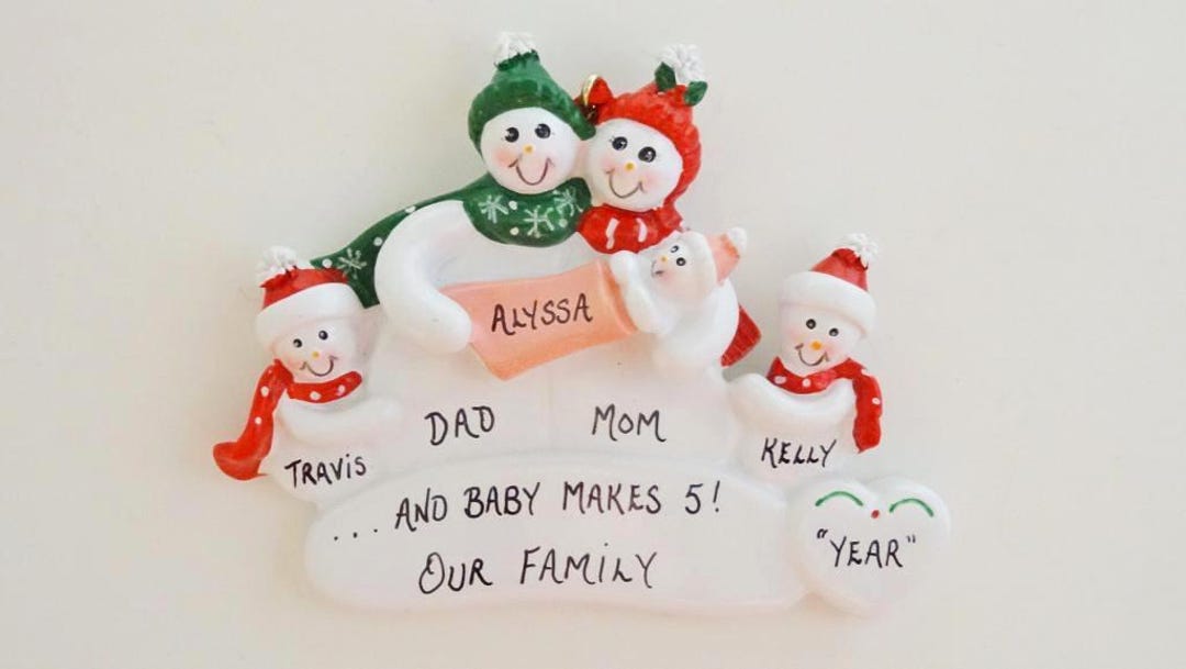 Personalized Snow Family of 5 Ornament - New Baby Makes Family of 5 ...