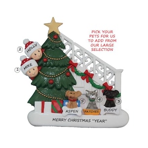 Couple Celebrating Christmas Together Personalized Christmas Ornament with 3 Dogs, Cats or Bunnies Added -Bi-Racial, Ethnic, Ornament