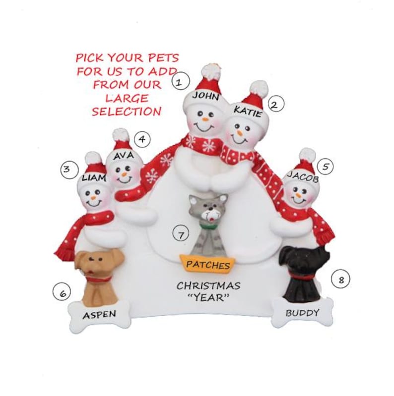 Snow Family of 5 Personalized Ornament With 3 Dogs, Cats or Bunnies ...