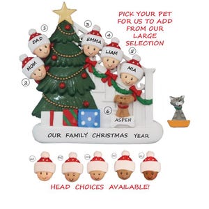 Family 5 Celebrating Christmas  Personalized Ornament with Dog or Cat Added -Bi-Racial, Ethnic Family Ornament - Family 5 Staircase
