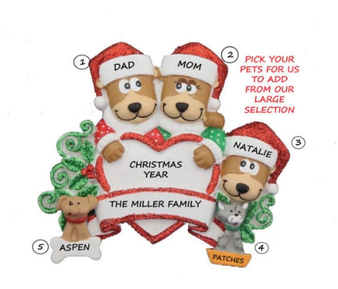 Bear Family of 3 Personalized Ornament With 2 Custom Add on Dogs, Cats ...